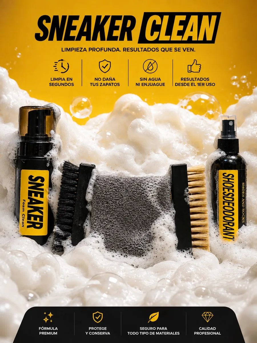 Kit Sneaker Clean entre espuma: Foam Clean, dos cepillos, toalla y Shoe Deodorant. Limpieza profunda, resultados que se ven