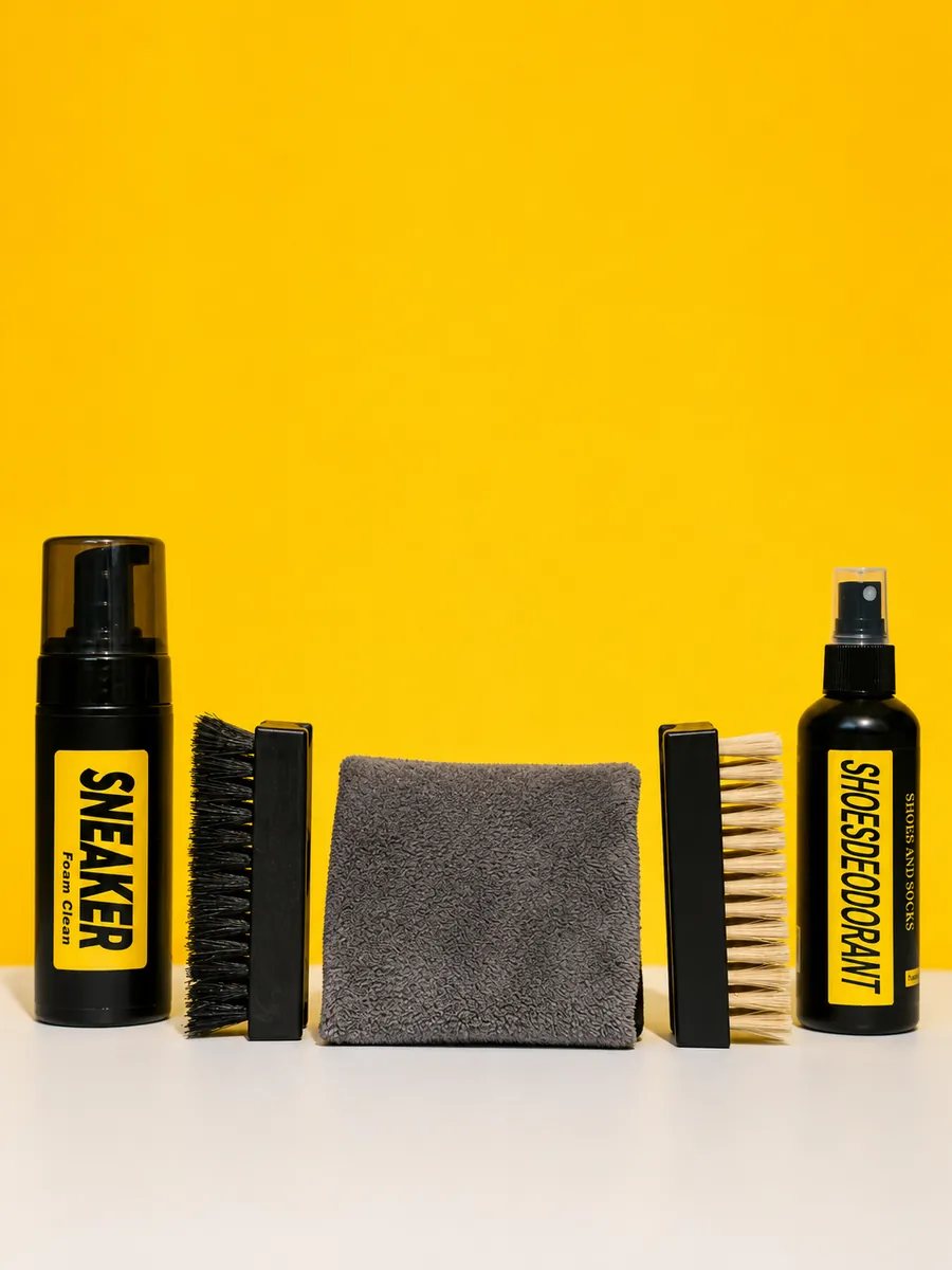 Foam Clean, cepillo de cerdas duras, toalla de microfibra, cepillo de cerdas suaves y Shoe Deodorant alineados sobre fondo amarillo