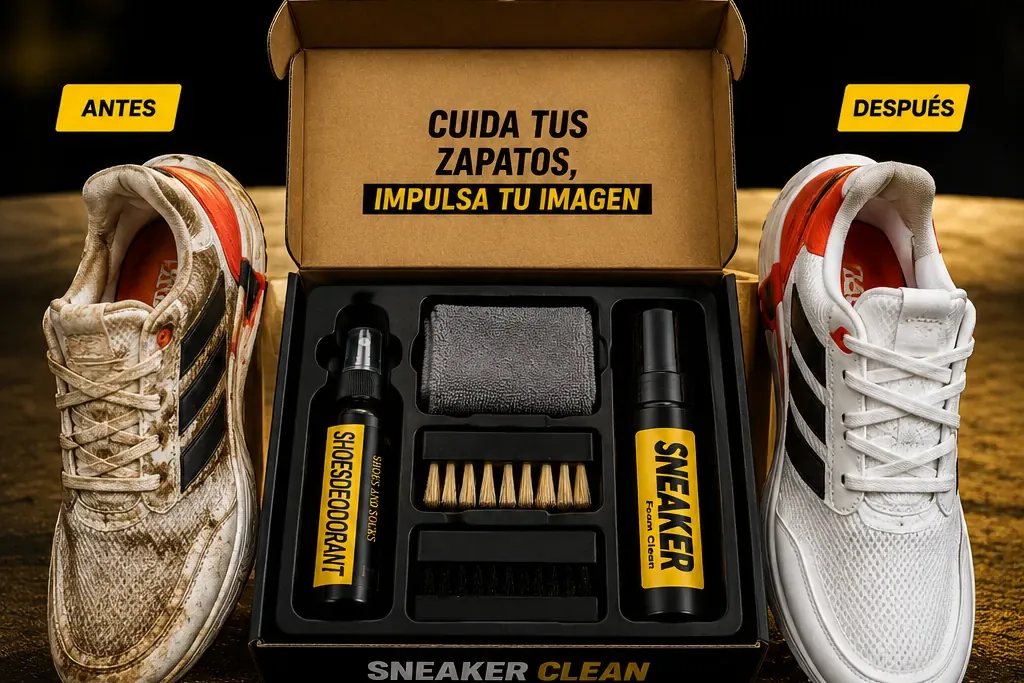 Par de tenis: uno sucio antes y otro impecable después de limpiarlos con el kit CleanStep