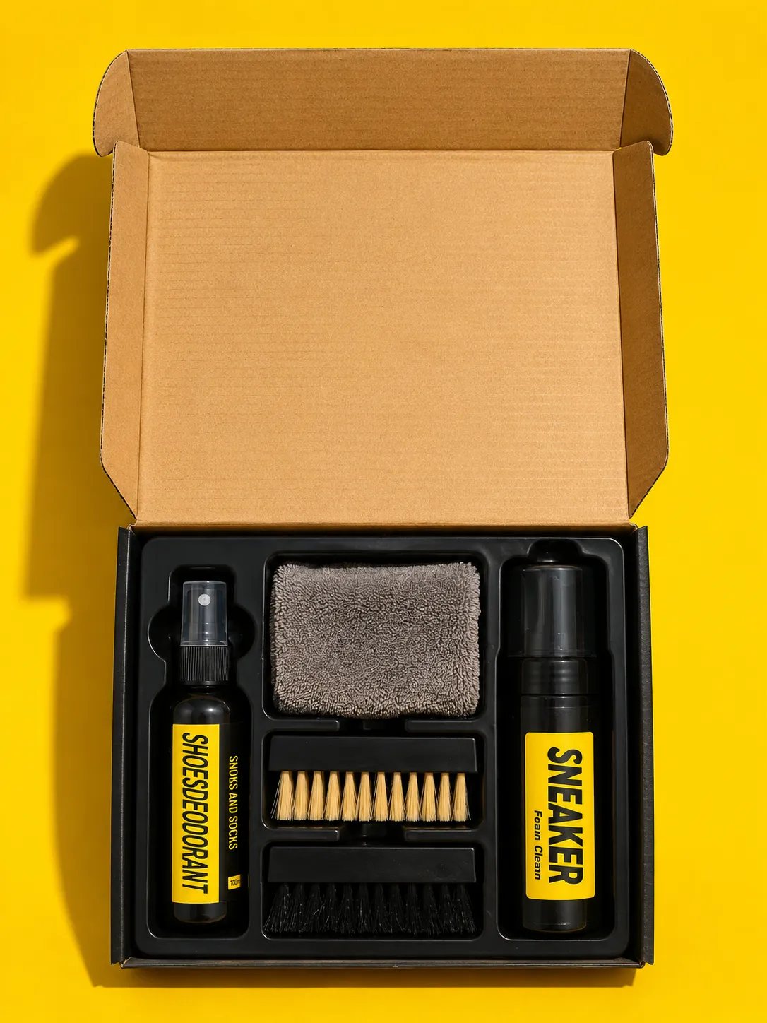 Kit CleanStep abierto visto desde arriba: Shoe Deodorant, toalla de microfibra, cepillo de cerdas suaves, cepillo de cerdas duras y Foam Clean dentro de la caja